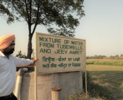 Farmer standing next to sign saying 'mixture of water from tubewells and jeev amrit'. 